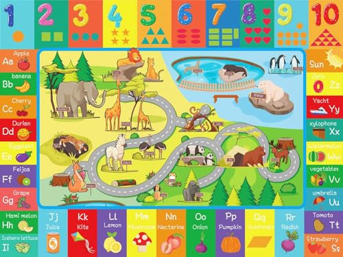 Kinderteppich Jungen mädchen,Teppich kinderzimmer Tiere des waldes,Spielteppich Kinder-ABC Alphabet-Zahlen-Zoo-Formen,Spielmatte Lernteppiche rutschfest Waschbar für Spielzimmer Schlafzimmer