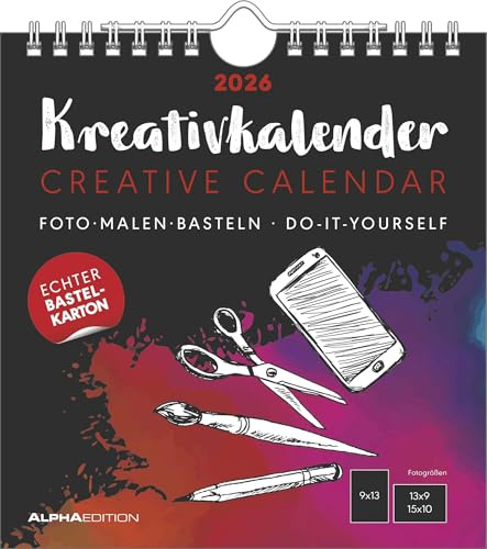 Alpha Edition - Kreativ-Kalender Schwarz 2026 – Bastelkalender 16×17 cm mit Platz für Fotos & eigene Gestaltung, schwarzer Hintergrund, auch als ... DIY-Geschenke: Do it yourself calendar