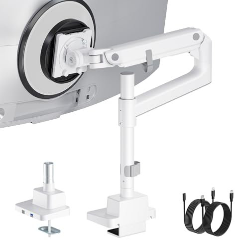 monTEK Heavy-Duty Single Monitor Arm for 17-57 inch, up to 59.4lbs Ultrawide Screens,Gas Spring Dual Curved Adjustable Monitor Stand for Desk,75/100mm VESA Mount with USB，White