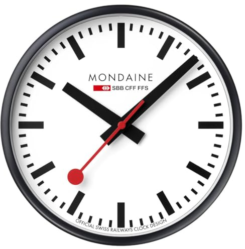 Mondaine Official Swiss Railways 25cm Wall Clock - Classic Design, Black Matte Frame, Silent Red Second Hand, Mineral Crystal, Dust-Resistant, Iconic Home/Office Decor