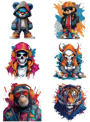 arricraft 6 Sheets Graffiti Animal Cloth Iron on Stickers, Bears Skulls Gorillas Heat Transfer Stickers Decals for DIY T-Shirt Jeans Backpacks Families Clothing Hat Decoration Applique