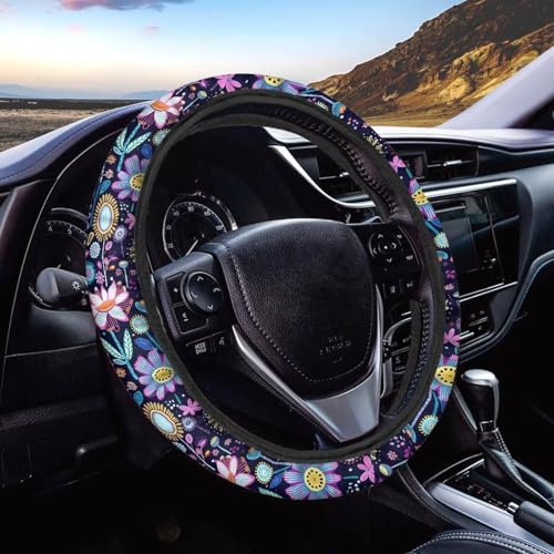 Wanyint Weiche elastische Auto-Lenkradabdeckung für Damen, universal, 15 Zoll, rutschfest, einfach zu installieren, Auto-Zubehör, Hippie-Blume, Lotus, Violett, Blau