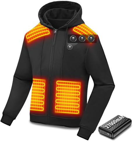 Wholede Beheizbare Jacke Hoodie für Herren Damen Beheizbare Kapuzenpullover mit Akku 7.4V 27000mAh, Elektrische Sweatjacke Heizjacke Kapuzenpulli Sweatshirt Schwarz-XL