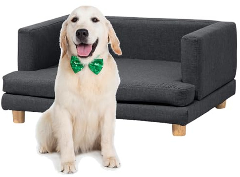 Rainbow Tree Dog Sofa Bed Grey for Medium&Small Dogs, Elevated Dog Couch with Removable and Washable Cover, Linen Pet Sofa Chair with Wooden Legs (Grey Bigger Size)