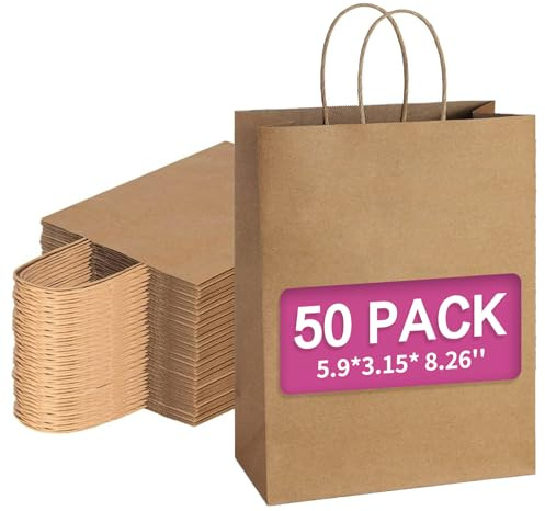 Braune Papiertüten mit Griffen,Kraftpapier,starke Tragetaschen mit gedrehten Griffen,16 x 8 x 22 cm,50 Stück