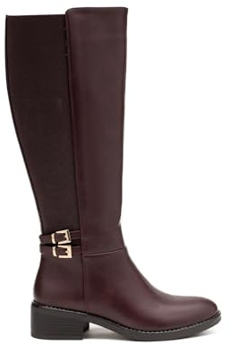 Stivali Alti Donna Con Tacco Piccolo | Stile Cavaliere Classico | Similpelle, Fibbia Caviglia e Lato Elastico (Bordeaux, Sistema Taglia Scarpe EU, Adulto, Digitale, Medio, 37), bordeaux, 37 EU