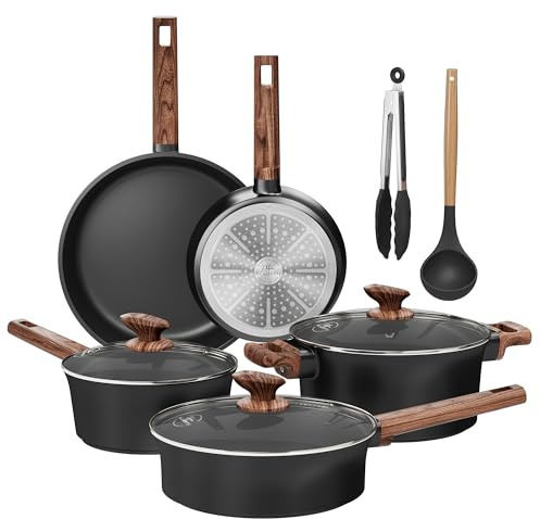 Kitchen Academy Non Toxic Induction Hob Pan Set, 10pcs Ceramic Cookware | Non-stick Kitchen Cooking Pots and Pans Set, PFOA & PFOS Free