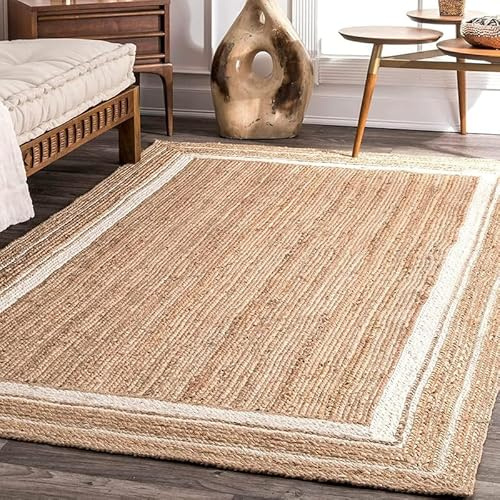 DECORAM WORLD Tapis rustique tressé à la main en jute naturelle avec bordure blanche, 0,9 x 2,1 m – Tapis moderne et durable pour salon, chambre à coucher et décoration d'intérieur
