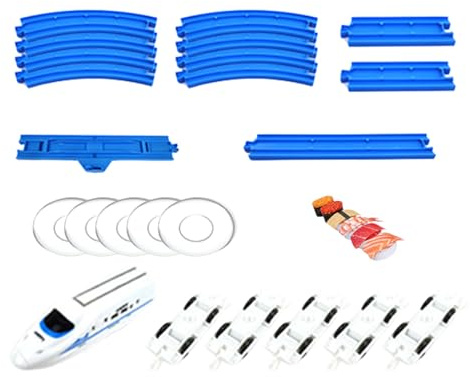 Nukinp Sushi Train Set 5 Carriage 7ft Track Food Grade DIY Rotating Food Train for Kids Dishwasher Safe Sushi for Dining Table, No Battery