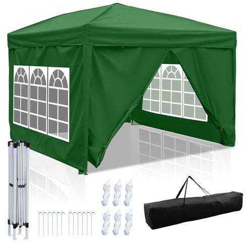 Peviasot Pavillon 3x3m Wasserdicht, Höhenverstellbar Faltpavillon mit 4 Seitenteilen, 420D Oxford, Stabil Winterfest UV Schutz, Partyzelt Gartenzelt für Outdoor Garten Camping, Grün