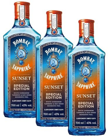 Bombay Sapphire Sunset Limited Edition Premium London Dry Gin, 43% vol., 70 cl, Infusé à la Vapeur avec de la Cardamome Blanche, du Curcuma et de la Mandarine Séchée au Soleil, 700 ml (Lot de 3)