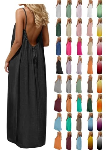 Générique Robe Caraco Dos Nu pour Femme d'été 2026 sans Manches, Longue Robe d'été décontractée, Robe d'été Fluide à Dos Ouvert pour Les Vacances, la Plage, la Maison, Couleur Unie