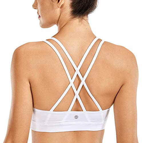 CRZ YOGA Damen Ohne Bügel Sport BH Gekreuzt Rücken Spaghetti Top Abnehmbare Pads Yoga Croptop Weiss-Logo S