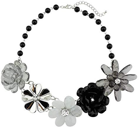 Bocar 5 Flower Braided Crystal Statement Chunky Necklace Bib Collar Pearl Jewelry for Women (NK-10127-black)