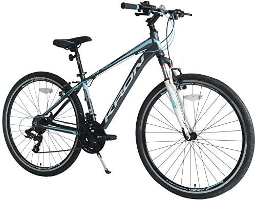 KRON TX-100 Aluminium Mountainbike 28 Zoll | 21 Gang Kettenschaltung mit V-Bremse | 16 Zoll Rahmen MTB Erwachsenen- und Jugendfahrrad | Grau Blau