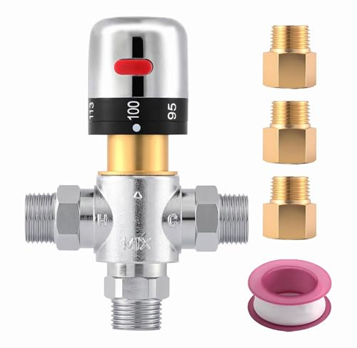 TreMax Thermostatic Mixing Valve - Hot & Cold Water Mixer, 1/2 NPT Connection, Brass (Grey)