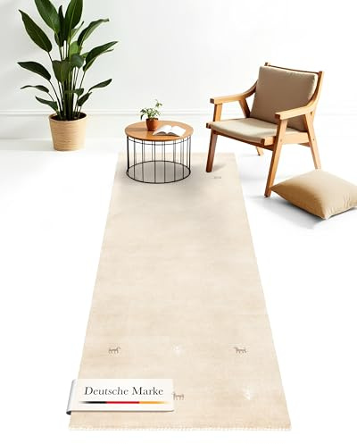 carpetfine Wollteppich Gabbeh Uni Läufer Beige 80x500 cm | Moderner Teppich für Wohn- und Schlafzimmer