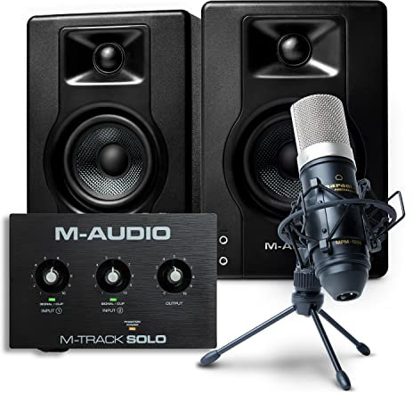 M-Audio Pack d’Enregistrement, Streaming et Podcasting – M-Track Solo Interface Audio USB, Enceintes BX4 et Marantz MPM-1000 Microphone à Condensateur