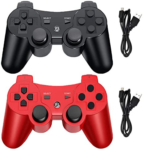 Hovlian Controller wireless per PS3, joystick da gioco a doppia vibrazione integrato, compatibile con Playstation 3, con cavo di ricarica (nero + rosso)