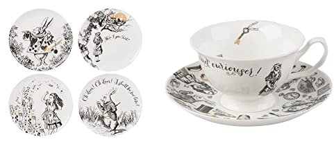 V&A Alice in Wonderland Side Plates, for Dinner, Afternoon Tea or Breakfast, Fine China, 20.5 cm (8), Set of 4 & V&A Alice in Wonderland Tea Cup and Saucer, 210 ml (7 fl oz), White