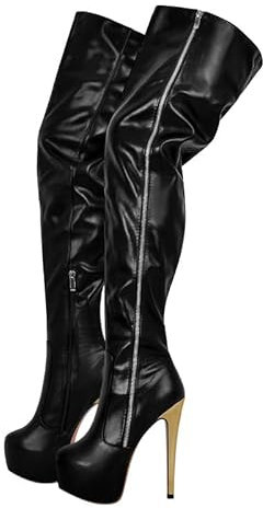 blingqueen Damen Overknee Stiletto Stiefel Plateau Schwarz Kunstleder 42 EU