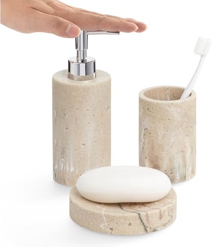 Navaris Set Accessoires Salle de Bain - 3X Accessoire pour Salle de Bain en polyrésine avec Porte-Brosse à dent Distributeur de Savon et Porte-Savon Aspect Pierre Beige