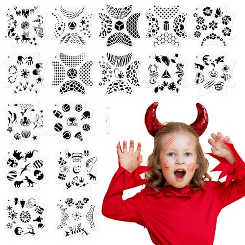 OOTSR 16 Stk Wiederverwendbare Schablonen für Kinder, 18cm Tattoo-Schablonen für Gesicht und Körper, Kreativität Tattoo Schablone für Halloween Schminke Partys