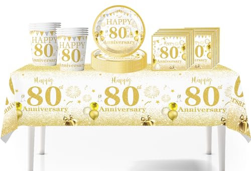 41Pcs White Gold Happy 80th Birthday Party Tableware Set - Plastic Table Cloth, Paper Plates, Napkins - Birthday Table Decorations Disposable Kit for Men Women
