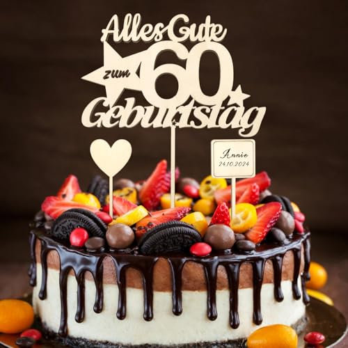ALEGRE Holz Tortendeko 60 Geburtstag Frau Mann, Alles Gute zum 60 Geburtstag Deko, Torte Deko 60 Geburtstag Mann Frau, 60.ter Geburtstag Kuchendeko Cake Topper, Deko zum 60 Geburtstag Cupcake Topper