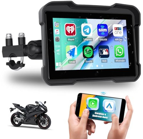 CAMECHO Carplay Bildschirm für Motorrad - Kabelloser Carplay und Android Auto Display, 5 Zoll Wasserdichtes Navi Mit Dual Bluetooth Navigation, Siri EQ