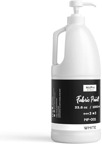 Nicpro Pintura blanca para tela con bomba, 34 onzas líquidas (1000 ml) Pintura para tela para ropa, permanente, pigmento suave y rico, pintura textil no tóxica para tela, manualidades, camisetas,