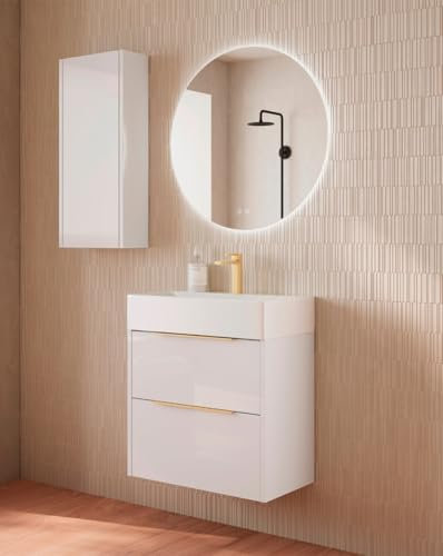 Mueble Baño Suspendido a Pared Fondo Reducido | 2 Cajones con Lavabo Cerámico | Blanco Brillo Tirador Oro | 60cm