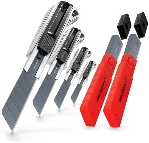 HASKYY Cuttermesser Teppichmesser Cutter Set 4 Stück inkl. 20 SK5-Hochkarbonstahl Klingen 18mm, Ergonomischer Anti-Rutsch-Griff, Klingenbrecher, Lock-Funktion