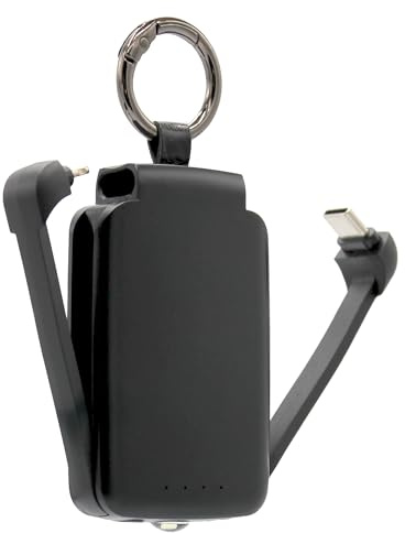 FISHTEC - Cargador de bolsillo 3 en 1 2000 mAh – Cables Integres Tipo C y Lightning – Power Bank – Salidas de 5 V/1 A – Batería de litio recargable – antorcha LED de repuesto para viajes de oficina