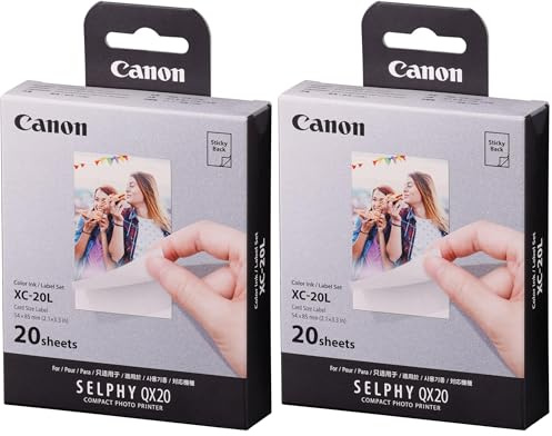 Canon XC-20L Original Farbband/Papierset 20 Blatt Kreditkartenformat 5,4 x 8,5cm für Canon SELPHY QX20 Fotodrucker (selbstklebend, Sticker, Aufkleber, Kleberückseite, Thermosublimation, wasserfest)