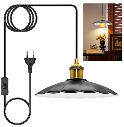 Metall Hängelampe mit Stecker, Schwarz Lampenschirm Pendelleuchte mit 5M Kabel und Schalter, Lampenfassung E27 Verdicktes Rundkabel Lampe inkl. 5M langem Dekorseil mit Grünes Blättern