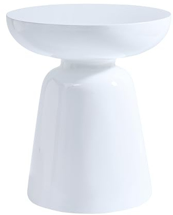 Round Accent Side Table with Bowl Top, Fiberglass with Sticker Finish, Modern Pedestal End Table for Living Room (White)