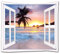 A.Monamour Wandteppiche Offenes Fenster Blick Auf Meer Palme Tropischen Strand Sonnenaufgang Naturlandschaft Boho Hippie Mandala Gobelin Wandbehänge Vorhang Bettdecke Strandtuch Tischdecke 153x130cm