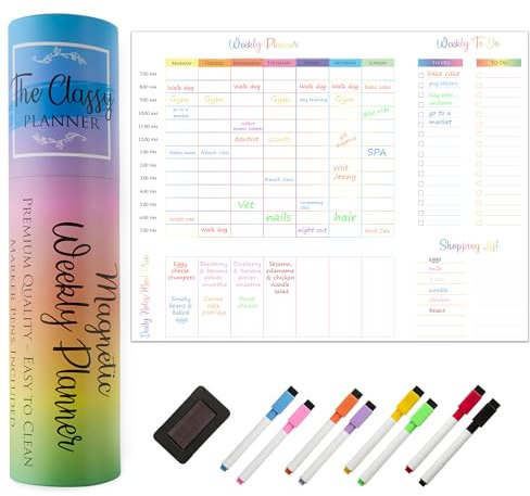 Weekly Magnetic Whiteboard for your Fridge - Family Organiser, Meal Chart, Shopping List - Student Planner, Business Notice Board, 8 Marker Pens & Eraser with Magnet & Gift Box Included, 11.7 x 16.5in