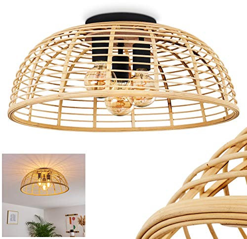 Deckenleuchte Mongolei, runde Vintage Deckenleuchte aus Rattan/Kunststoff in Braun/Schwarz, 3-flammig, Schirm Ø 57 cm, 3 x E27, Leuchte im Retro Design, ohne Leuchtmittel