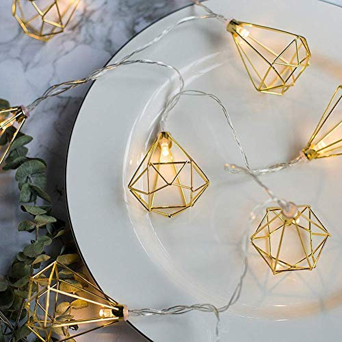 HULX Geometric Rose Gold Metal Fairy String Lights, 3M 20LED, Indoor & Outdoor, Battery Operated, Warm White, Diamond