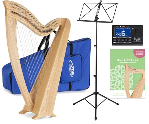 Classic Cantabile H-29 Keltische Harfe Set - Celtic Harp mit Halbtonmechanik - 29 Saiten - In Es-Dur gestimmt - inkl. Tasche, Schule, Notenständer und Stimmgerät & 2 Stimmschlüssel - Höhe: 101 cm