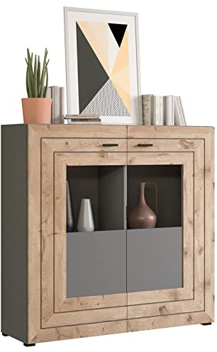 Newroom Highboard Grau Eiche Sideboard mit Glastüren Wohnzimmer | Glaseinsatz und 2 Schubladen, Kommode mit Schubladen, Wohnmöbel modern zweifarbig anthrazit, für Esszimmer Flur