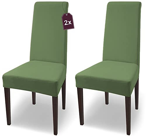 SCHEFFLER-Home Natalie Stretch Stuhlhussen Baumwolle/Stuhlhussen Oliv-grün/Stuhlüberzug 2er Set/Stuhlabdeckung/Stuhlhussen Schwingstühle waschbar/eleganter Spann-Stuhlüberzug Hochlehner