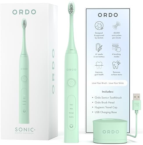 Ordo Sonic+ Electric Toothbrush for Adults, Advanced Smart Tech, 4 Brushing Modes, Fast Rechargeable, Sonic Toothbrushes Over 4 Weeks Battery Life, Silicone Polishing Element, USB Charger, Mint Green