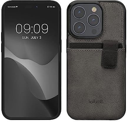 kalibri Hard Case Compatible with Apple iPhone 14 Pro - Case with Card Slots PU Leather Design with TPU Bumper- Grey/Black