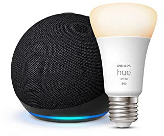 Echo Dot (5e génération) | Anthracite + Philips Hue White ampoule connectée (E27), Fonctionne avec Alexa - Kit de démarrage Maison connectée