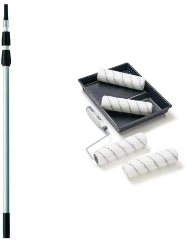 Harris Seriously Good Aluminium Extension Pole, 3m & 102012009 Seriously Good Walls & Ceilings Paint Roller Set 9in | Includes 1 x 9 Frame, 4 x 9 Medium Pile Roller Sleeves & Tray | 9