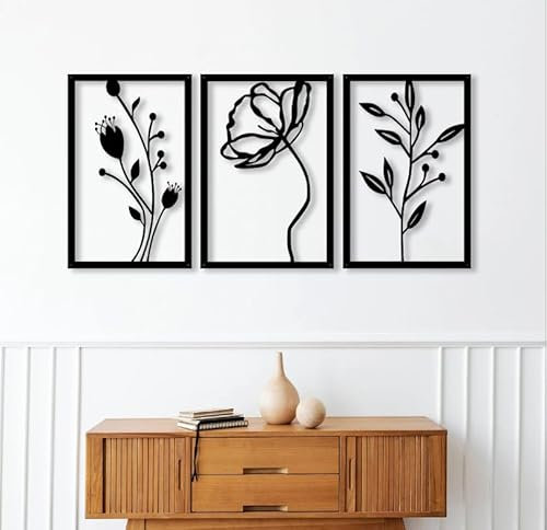 Outentin Moderne Wanddeko Wohnzimmer - Deko für Wohnzimmer Wand - 3d Wanbilder - Wandskulpturen - Große Wand Dekoration in Schwarz -Perfekt für schlafzimmer küche und büro - 90 x 43 cm (Mohn)