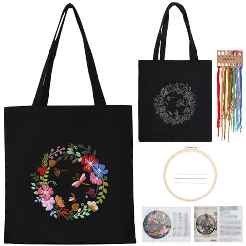 FREEBLOSS Kit de bordado de lona para principiantes, kit de bolsa de mano bordada negra, guirnalda de flores, bolsa de lona bordada a mano con aro y patrones, instrucciones incluidas (idioma español